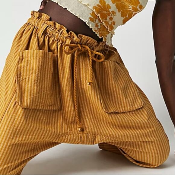 Free People Runyon Oversized Stripe Pants Mustard Medium Harem Bohemian NEW - Picture 6 of 12